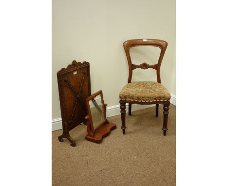 Victorian walnut chair with upholstered seat, Early 20th century oak fire screen and a Victorian dressing table mirror Condit