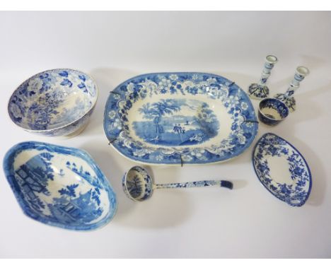 19th century G F S & Co 'Eton College' pattern blue and white meat plate L47cm, blue and white bowl decorated with a piping s