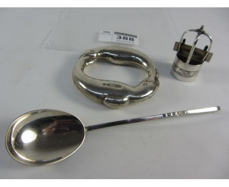 Hallmarked silver dolphin rattle, spoon and Japanese miniature silver water well bucket