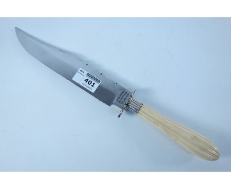 English Bowie knife the 21.5cm stainless blade stamped John Nowill Sheffield Est. A.D.1700, with ivory grip and silver plated