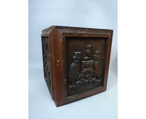 Late 19th/early 20th planter/waste paper bin made up of carved oak panels (one panel Leeds City coat of arms)   H37cm Conditi