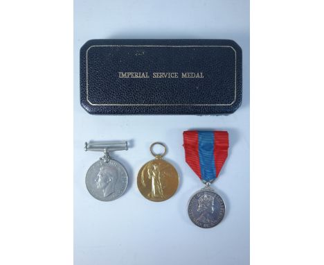 Elizabeth II Imperial Service Medal issued to Harry Swallow; WWI Victory Medal issued to 52355 Pte. J J Atkinson N. Staff. R.
