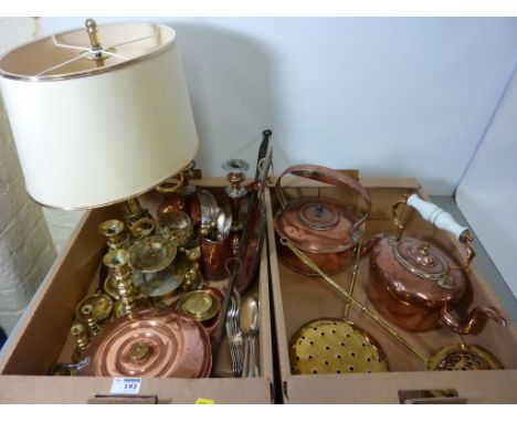 Victorian copper kettle, brass lamp, candle sticks and other brass, copper, hallmarked silver and metal items in two boxes Co