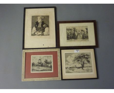 Two Landscapes with Windmills, early 20th century monochrome etchings signed A. Kedington Morgan, another etching and an engr
