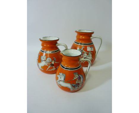 Set of three late 19th century Ashworth graduated jugs illustrated with scenes from Greek mythology, with titles and impresse