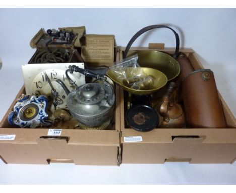 Morse code signal light, WWII gas mask, Victorian ceramic mantel clock, clock dial, Victorian brass jam pan etc in two boxes 