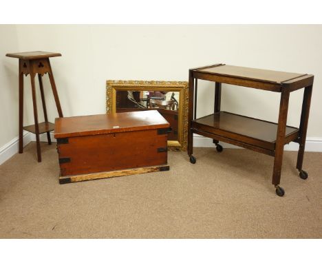 Early 20th century oak folding trolley table, nest of three medium oak tables, oak plant stand, metal bound pine trunk, gilt 