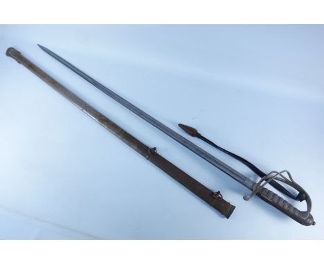 Royal Artillery Officer's sword, 89cm engraved single edge blade, nickel plated hilt with shagreen grip, nickel plated scabba