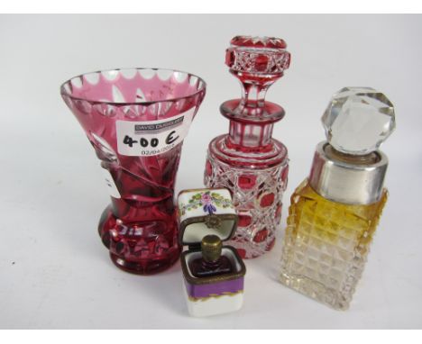 Cranberry glass scent bottle, vase, Limoges scent bottle and one other with hallmarked silver collar