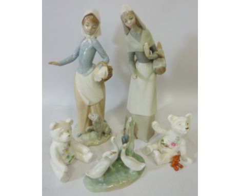 Lladro figure of a lady with a puppy H28cm, Nao figure and goose group and two Aynsley bears (5)  Condition Report Click here