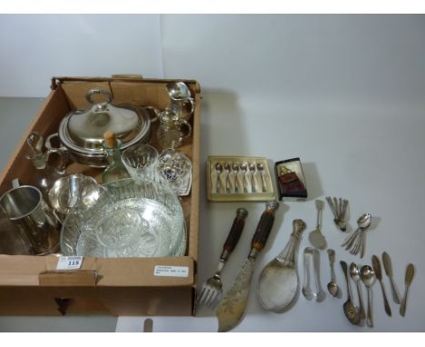 Miniature claret jug with plated mounts, serving dishes and other silver plate and glassware in one box  Condition Report Cli