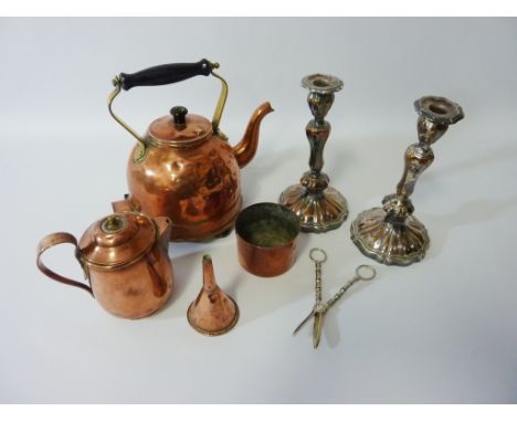 Early 20th century 'Premier' electric copper kettle, copper jug, measure and funnel, pair silver-plated candlesticks H23cm, a