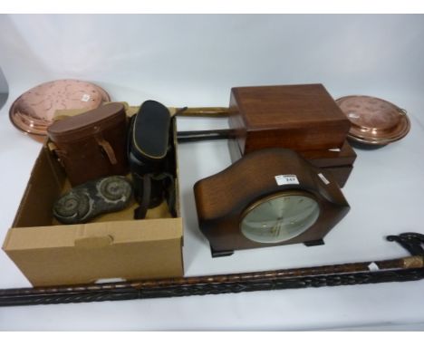 Smiths oak cased mantel clock, two pairs of binoculars, two copper warming pans, mahogany boxes, ammonite fossils,carved ebon