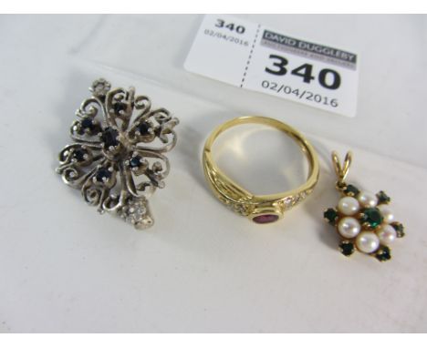 Ruby and diamond ring stamped 750, pearl and emerald pendant hallmarked 9ct and a brooch stamped silver
