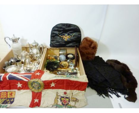 Silver plate, walking sticks, Victorian silk tea cosy with embroidered decoration, pair of footstools with tapestry tops, wal