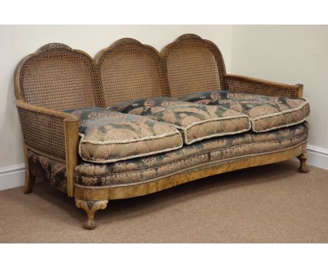 Early 20th century walnut framed bergere lounge suite, scroll arms with carved detail, upholstered loose cushions - three sea