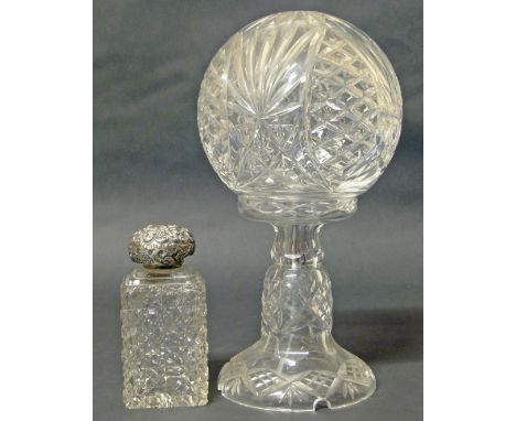 Cut glass table lamp and shade, also a silver topped scent bottle. Condition reports are not available for this sale.