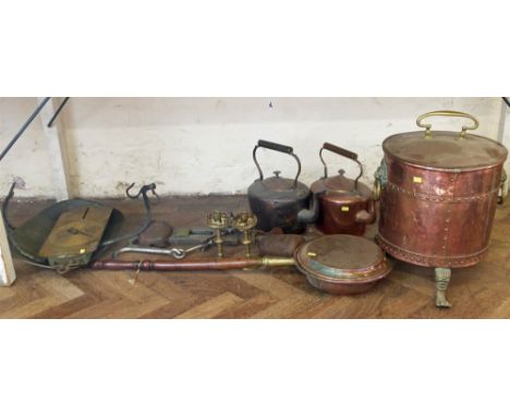 Avery steel yard, Salters scales, and a collection of copper and brassware. Condition reports are not available for this sale