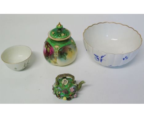 Royal Worcester pot-pourri case and cover (re-srtuck finial) together with two first period Worcester bowls and a miniature t