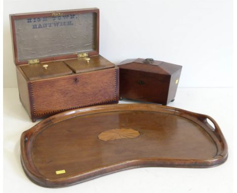 Oak and mahogany cross-banded tea caddy from Nantwich, plus one other and a mahogany marquetry tea tray. Condition reports ar