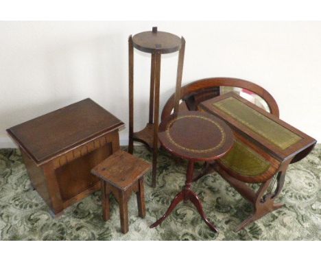 Reproduction drop-leaf table, tripod table, wall mirror, jardinier stand, small stool and stick box. Condition reports are no