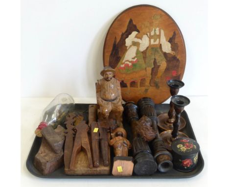 Collection of wood carved collectors items, including a stained wood plaque by S. Morgan, along with a miniature ship in a bo