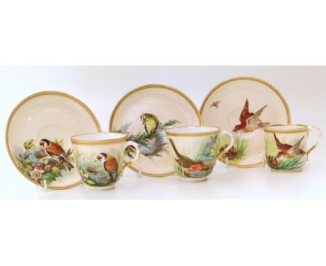 Three Royal Worcester cups and saucers painted with birds (birds missmatching on one set) Condition reports are not available
