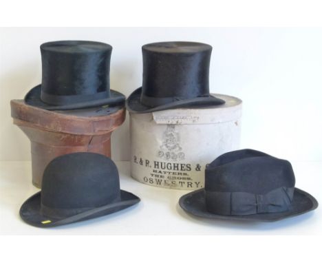 Top hat in leather case, another top hat by Christy in card case, bowler hat and a Chapeau du Manche hat Condition reports ar