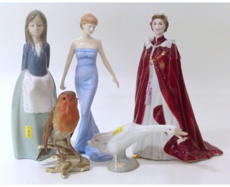 Royal Doulton figure, Lady Diana Royal Worcester figure, The Queens 80th Birthday, Goebel Robin, Lladro figure, Nao figure. C