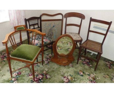 Edwardian corner chair, three bedroom chairs, swing frame toilet mirror and fire screen. Condition reports are not available 