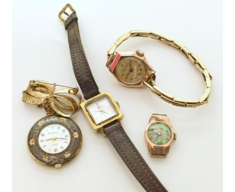 Assorted lady's vintage wristwatches including one 9ct gold with mother-of-pearl face, no strap, an "Ema Watch" on 9ct plated