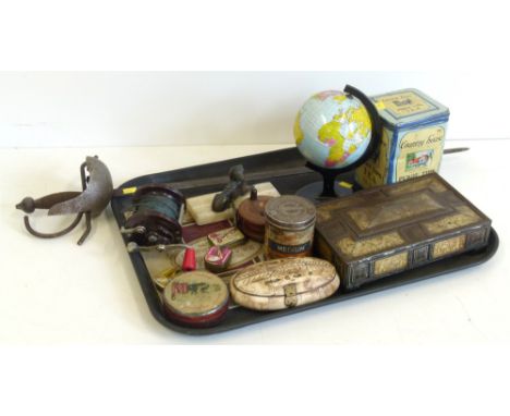 Six Vintage tins, cigarette cards in an album, two fishing reels, a small word and other items and a trinket box. Condition r