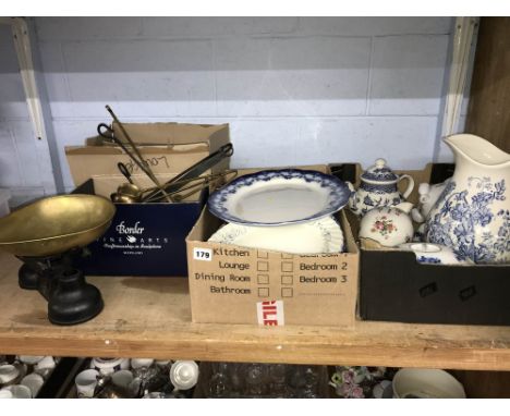 Scales, blue and white china etc