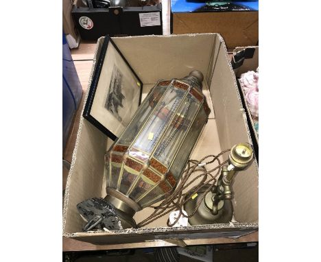 A hanging lantern, a ship's brass angle lamp and a print