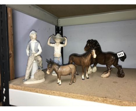 Two Nao figures, one Beswick Donkey and two Beswick horses (5)