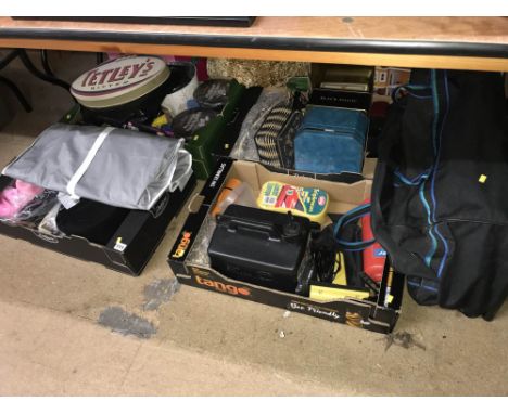 Under table lot comprising of four boxes of tools, bags, dress up etc