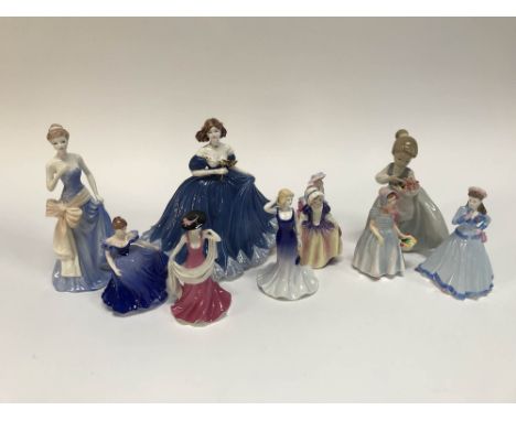 Seven Coalport ladies, two small Royal Doulton figures and one Nao (9)