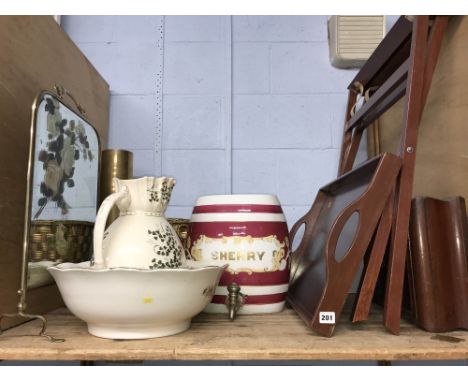 Shelf of assorted including a wash bowl, jug etc