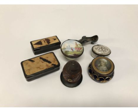 A silver pin cushion in the form of a show, snuff boxes, two 19th century enamel pill boxes etc