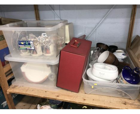 Shelf of assorted to include LPs, Sadler china etc