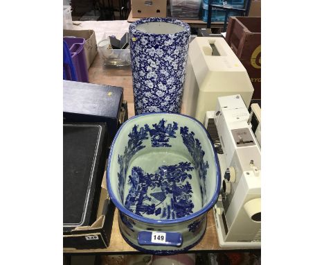 Blue and white footbath and stick stand