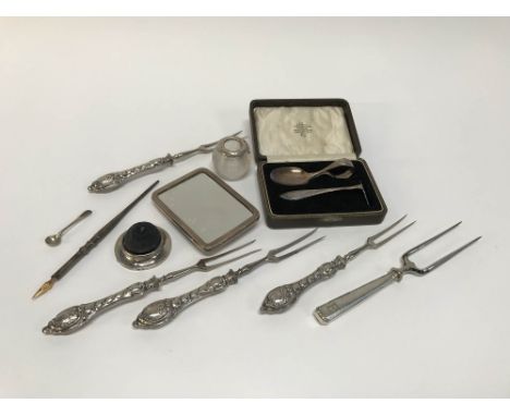 Silver mounted pin cushion, match striker, mirror etc