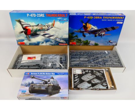 Miniart - Hobbyboss - three 1:48 scale boxed model kits comprising Miniart P-47D-25RE Thunderbolt No.48001 and P47D-28RA Thun