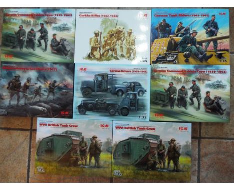 ICM - 8 boxed 1:35 scale Crew Figures kits comprising two off British Tank crew, two off German Command Vehicle Crew, British
