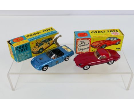 Corgi Toys - Two boxed diecast Corgi Toys. Lot consists of #307 Jaguar E-Type with detachable hard top, in plum red body and 