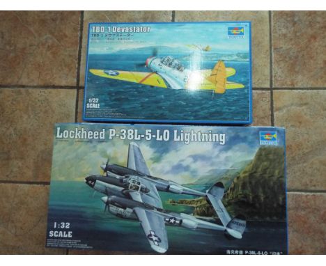 Trumpeter - two boxed plastic 1:32 scale model kits comprising TBD-1 Devastator # 02226, and Lockheed P-38L-5-LO Lightning # 