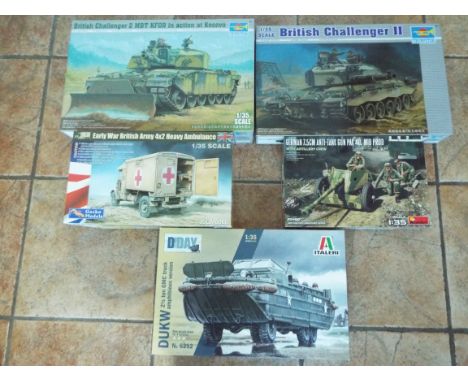 Trumpeter, Italeri, MiniArt, and Gecko kit models - five 1:35 scale military models comprising Trumpeter British Challenger I