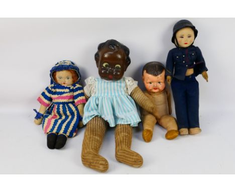 Freundlich - Chad Valley - 4 x soft body dolls including a Freundlich Goo Goo Eye doll, and a Chad Valley Policeman which sta