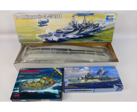 ICM - Trumpeter - Three boxed model kits comprising Trumpeter 1:350 scale USS Indianapolis CA-35 1944 No.05327, Trumpeter 1:7
