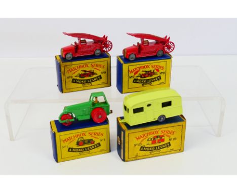 Matchbox - Moko - Lesney - 4 x boxed models, Diesel Road Roller # 1, 2 x Dennis Fire Engines # 9 and a Berkeley Cavalier Cara